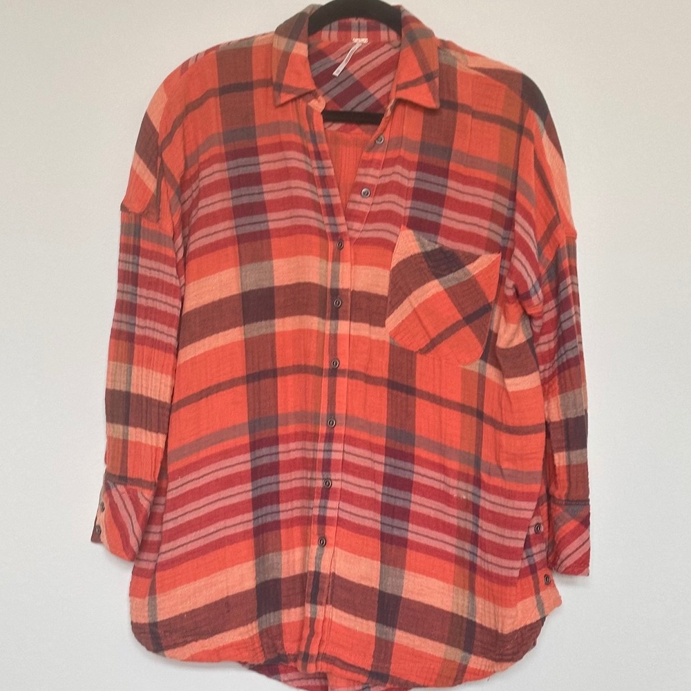 Free‎ People Orange Plaid Cotton Gauze Button Down Shirt Oversized XS